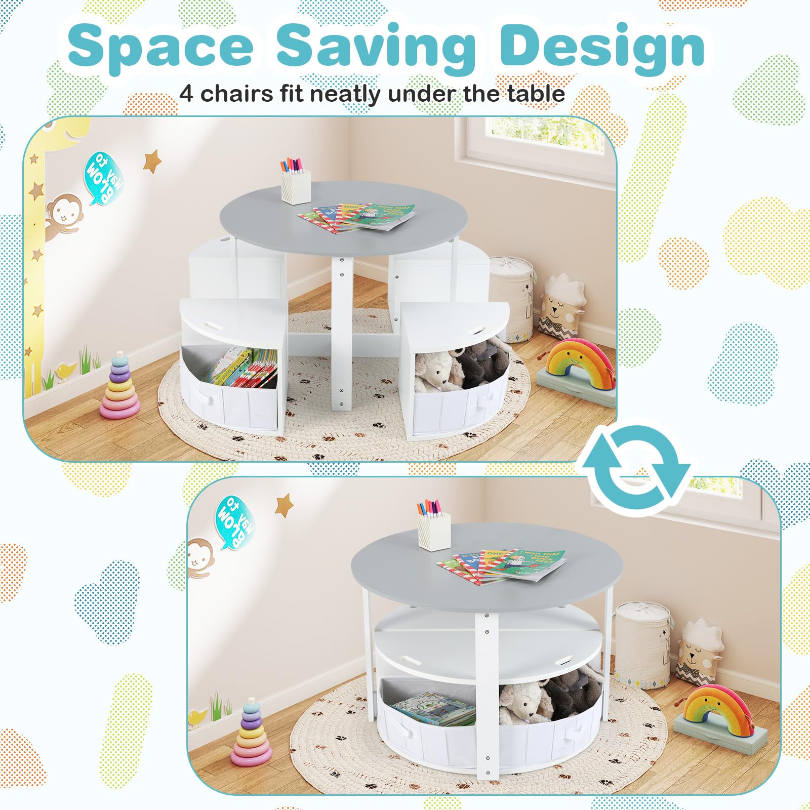 OLAKIDS Toddler Table and Chair Set, Wooden Table and 4 Chairs with Nesting Design, Children Multi-Activity Table