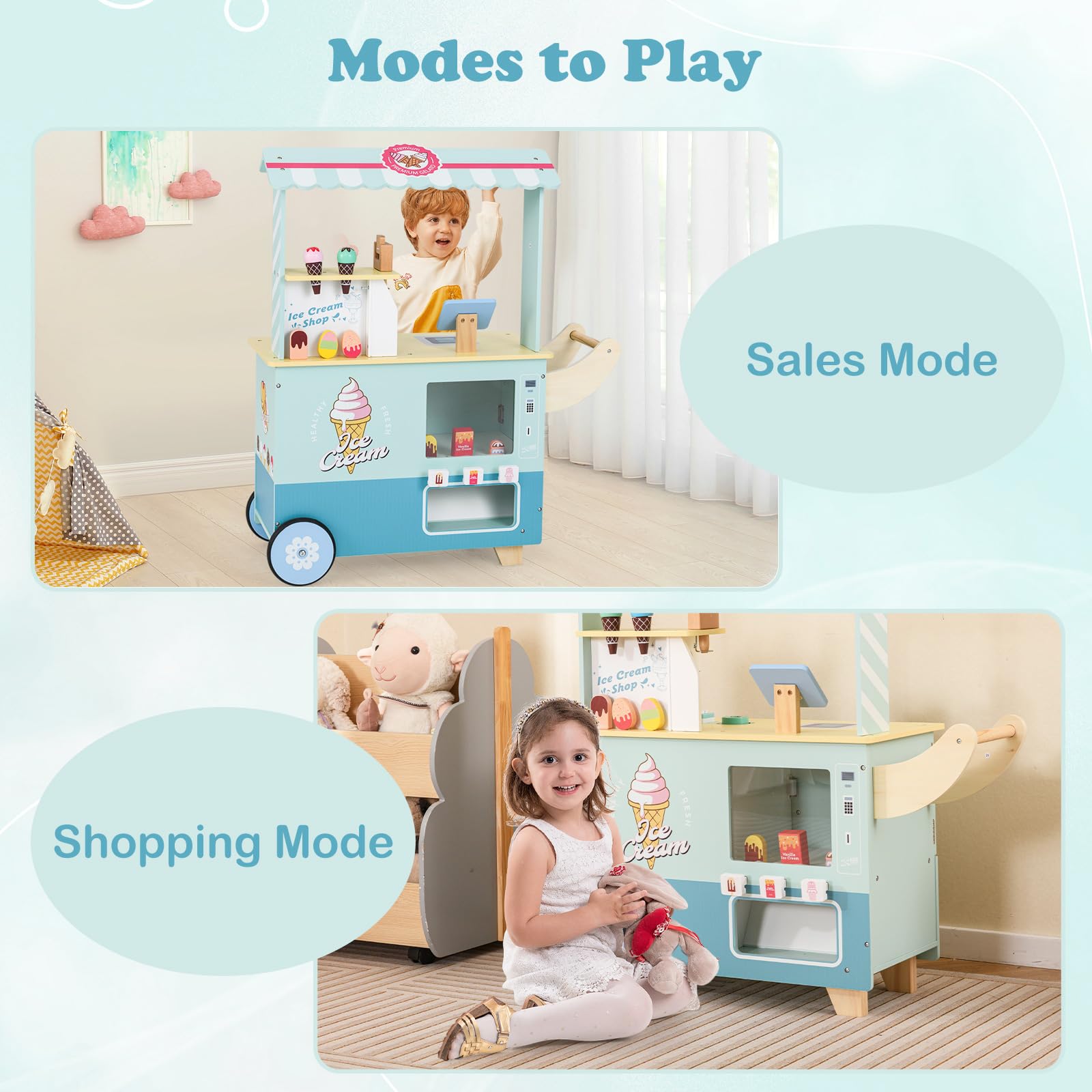 OLAKIDS Ice Cream Cart Grocery Store Marketplace Toy for Ages 3+