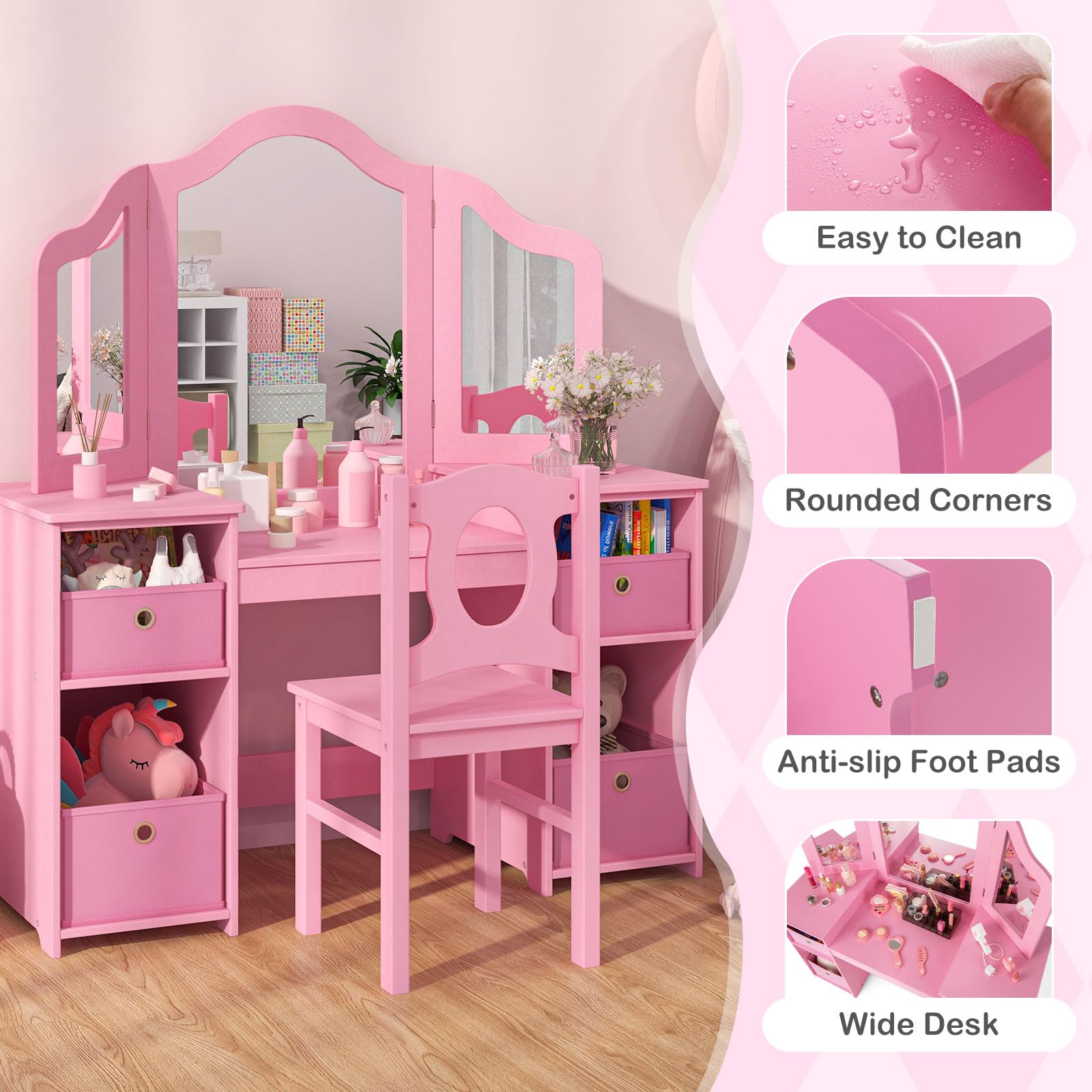 OLAKIDS Kids Vanity, 2 in 1 Princess Makeup Desk and Chair Set