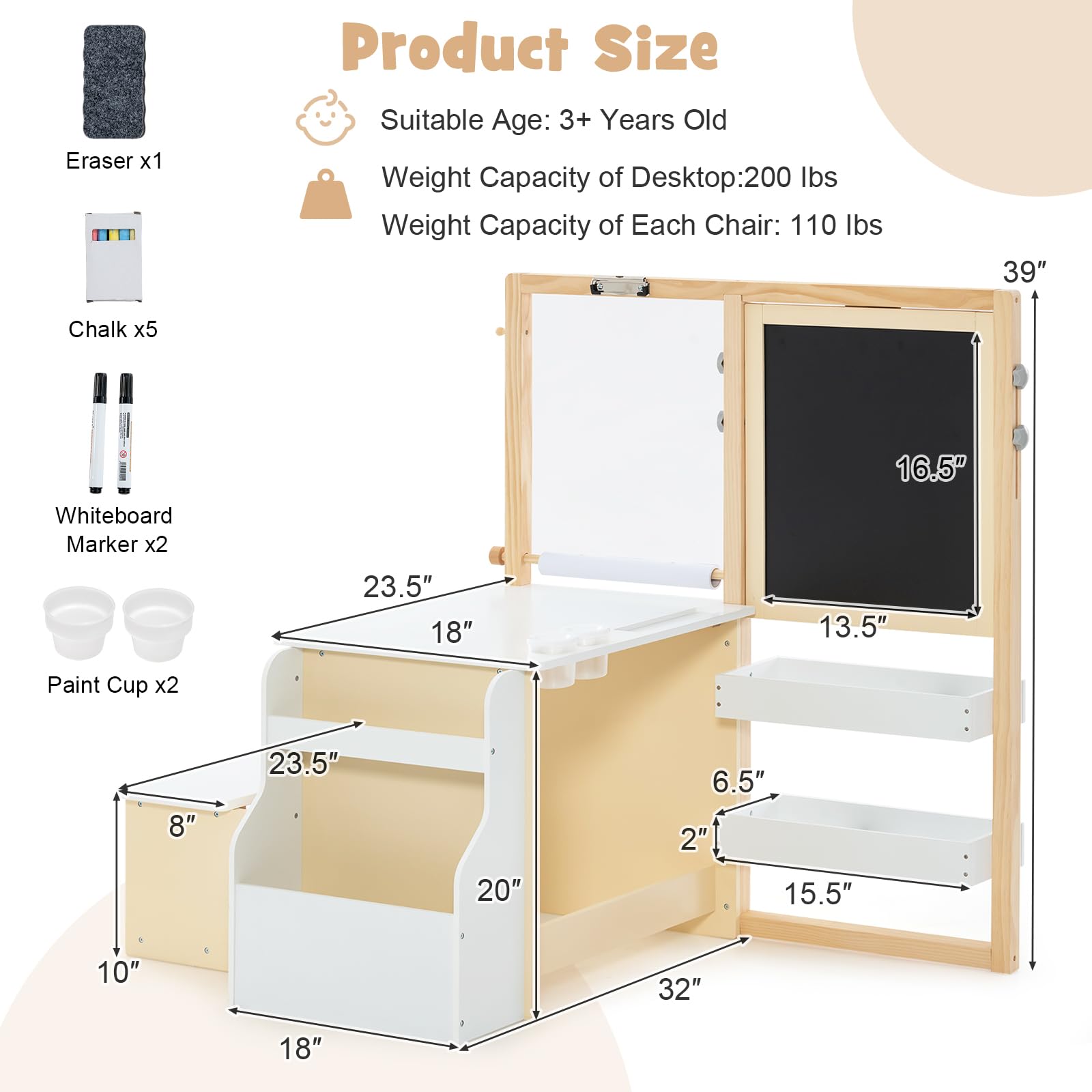 OLAKIDS 3 in 1 Kids Art Table and Chair Set, Toddler Wood Activity Desk with Double-Sided Easel, Children Furniture