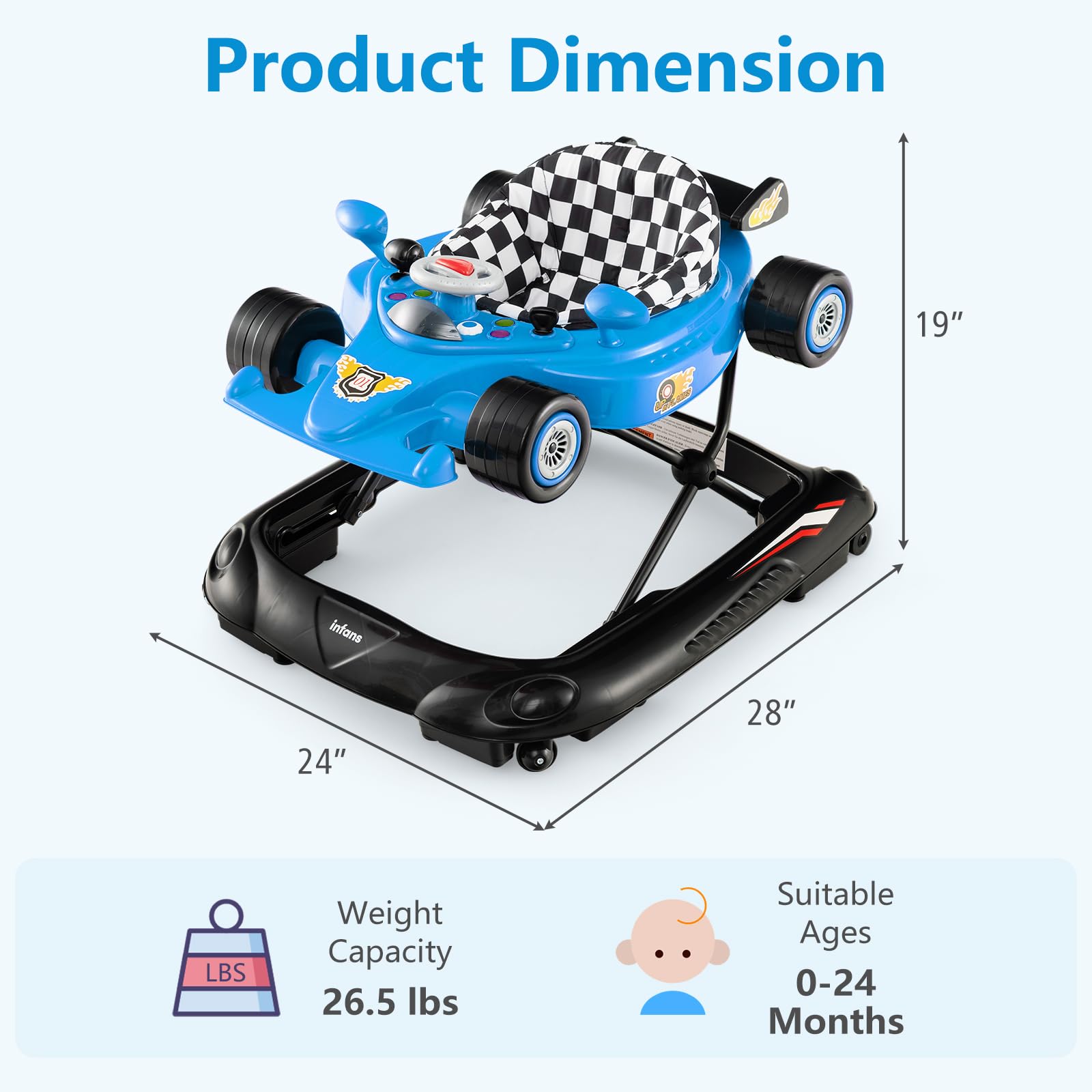 INFANS Foldable Baby Walker, Toddler Activity Center Leaning-Seated Walk-Behind with Steering Wheel, Adjustable Height