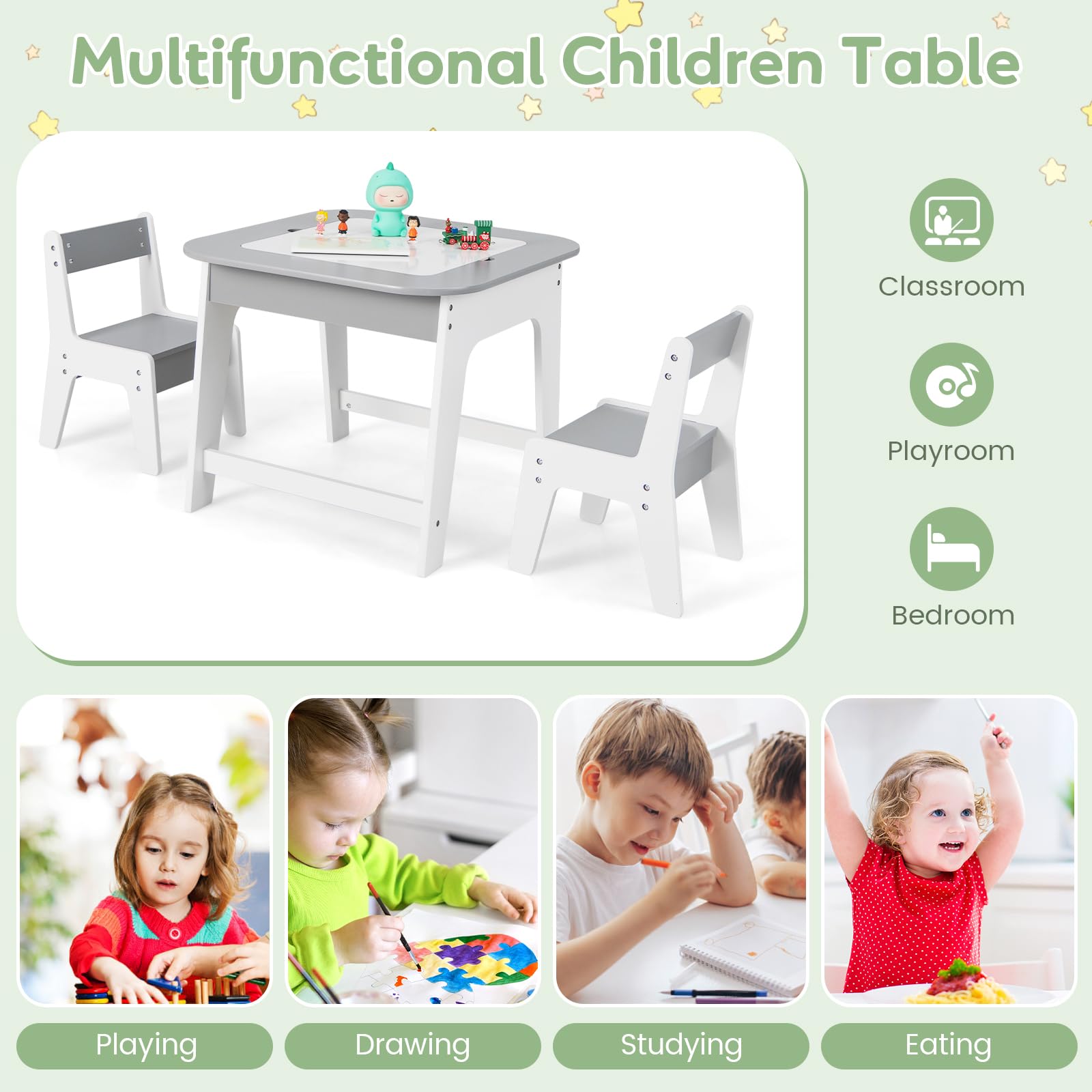 OLAKIDS Kids Table and Chair Set, 3 in 1 Wooden Activity Table with Removable Tabletop, Blackboard and Whiteboard
