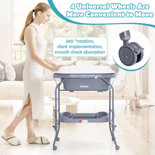 INFANS 2 in 1 Baby Changing Table with Bath Tub Unit, Folding Diaper Dresser Station with Wheels Waterproof