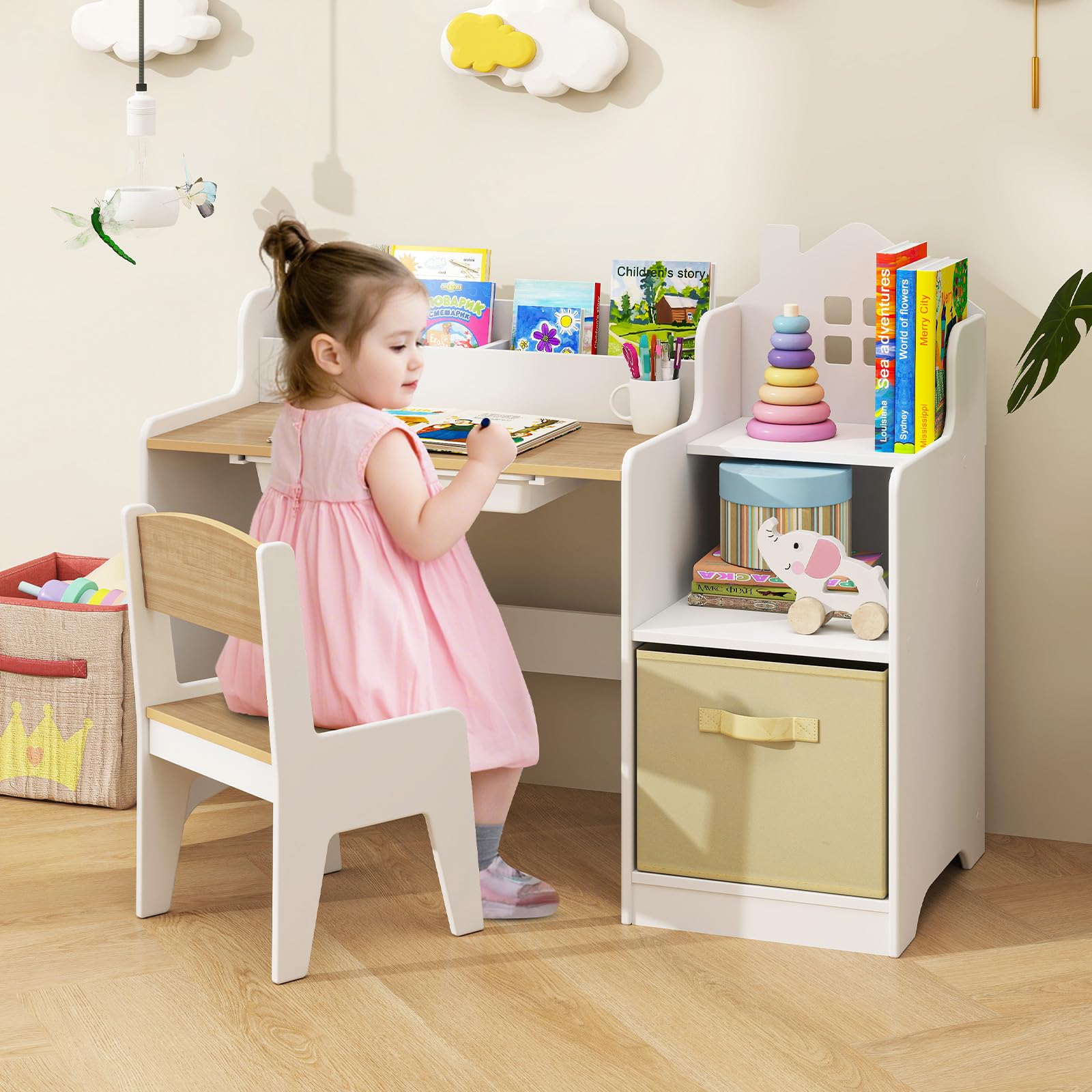 OLAKIDS Kids Table and Chair Set, Toddler Art Craft Play Wood Activity Desk with Chairs, Children Furniture