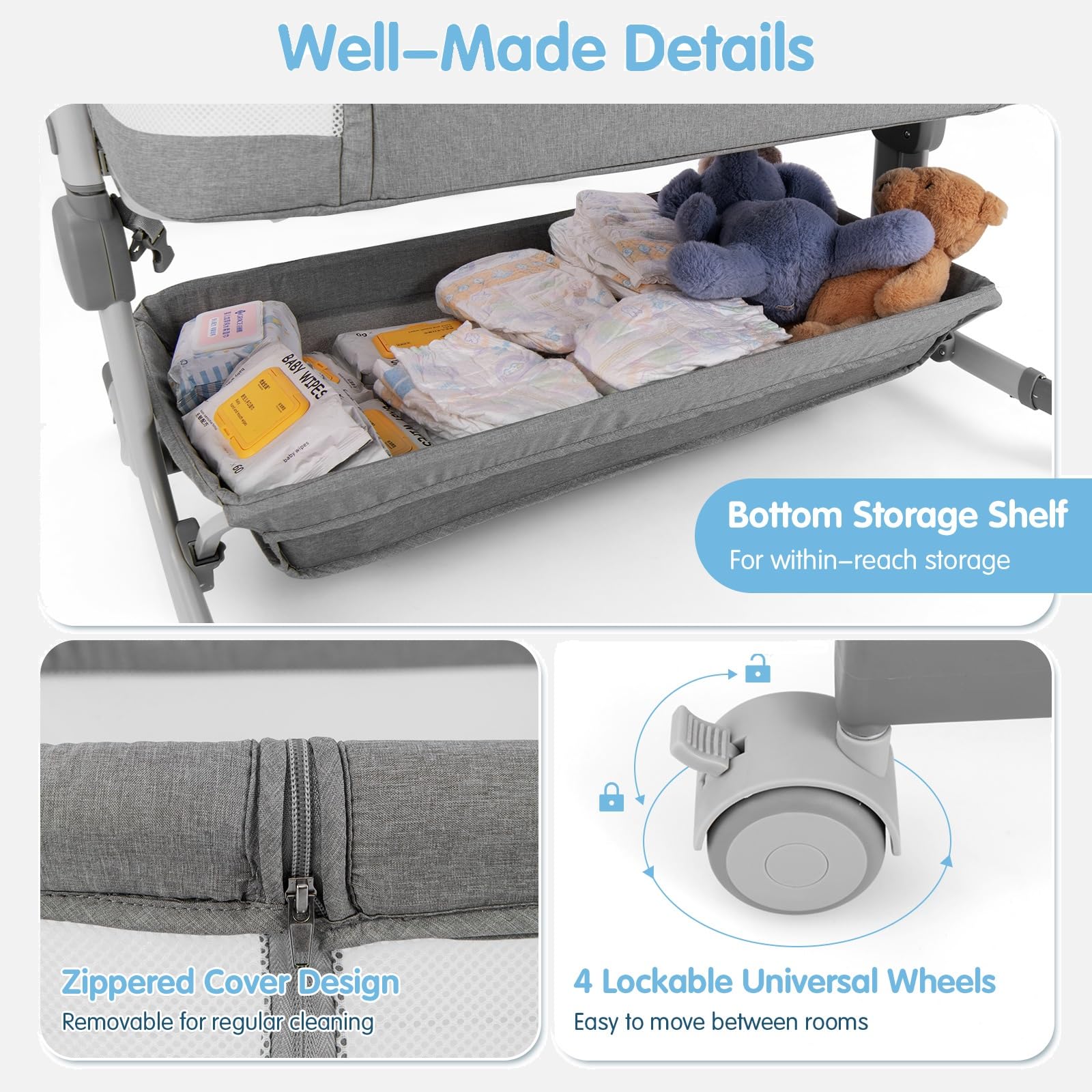 INFANS 3-in-1 Baby Bassinet, Bedside Sleeper with Comfy Mattress, Wheels, 6-Height Adjustable, Storage Basket