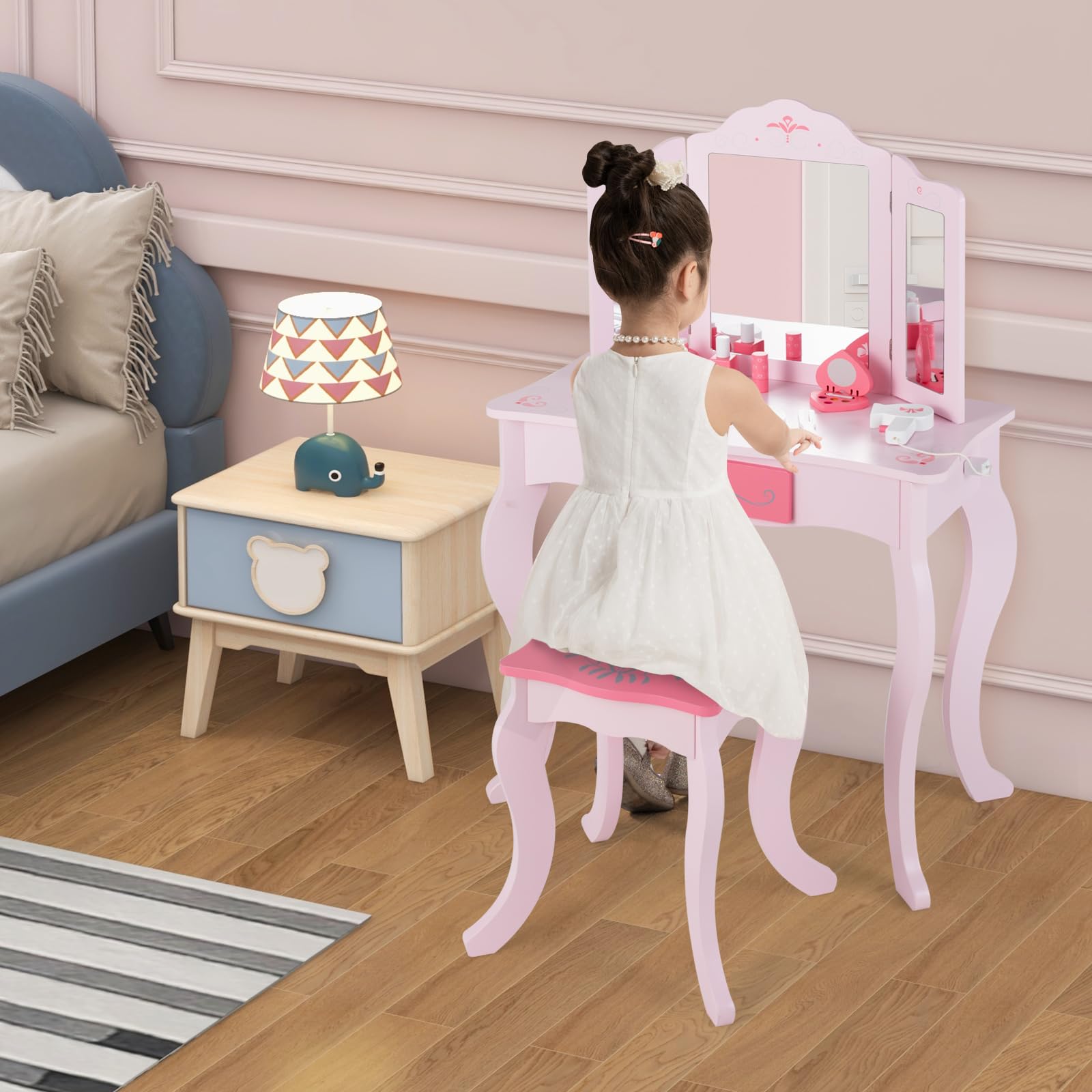 OLAKIDS Kids Vanity, 2 in 1 Princess Makeup Desk Set, Wooden Dressing Table, Pretend Play Vanity Set