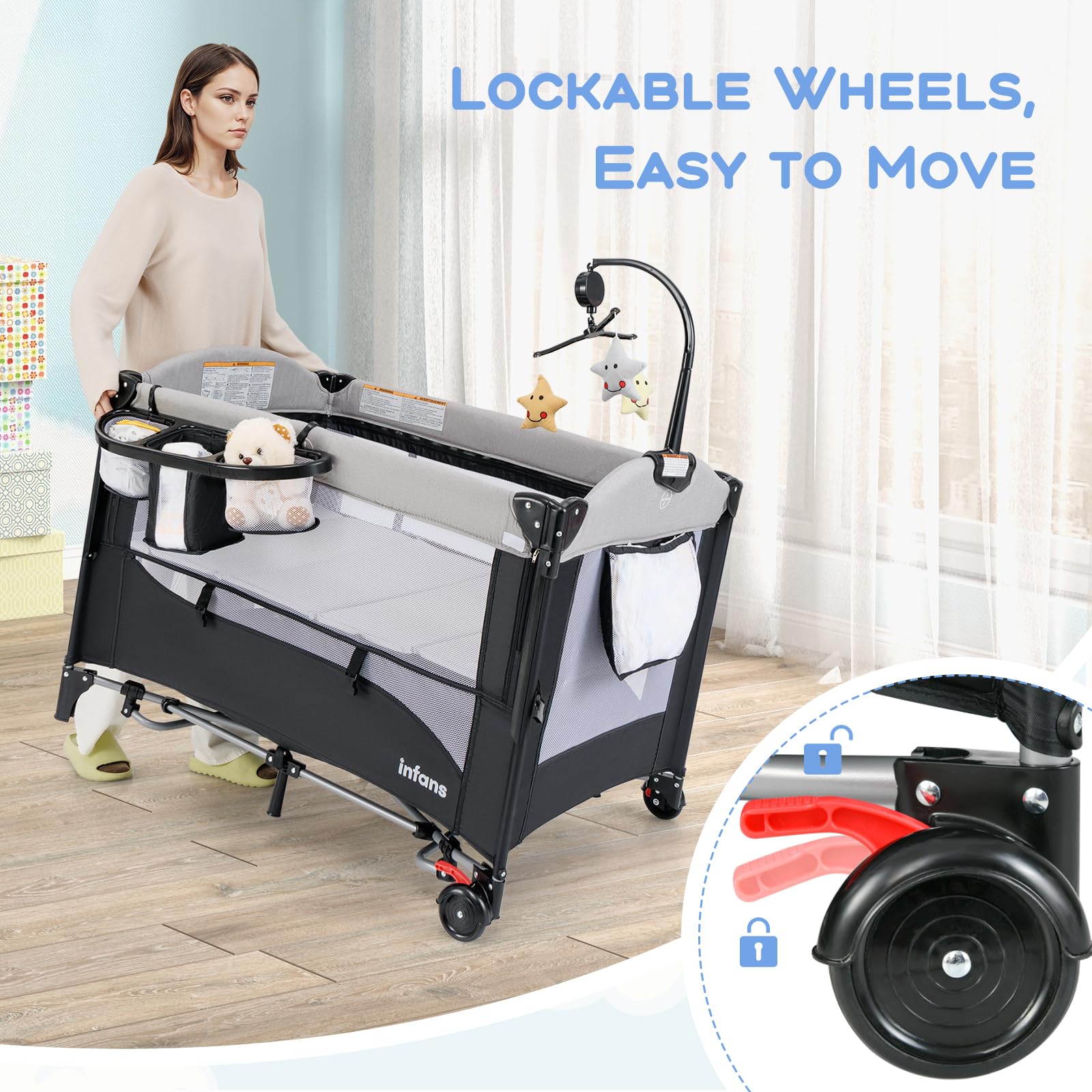 INFANS 5 in 1 Portable Playard, Larger Size Baby Bassinet Bedside Sleeper, Diaper Changer, Foldable Bedside Crib