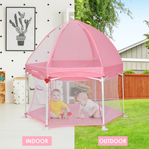INFANS Baby Playpen with Removable Mesh & UV Canopy, 53" Portable Playhouse with Carry Bag, Easy Folding Playard Activity Center