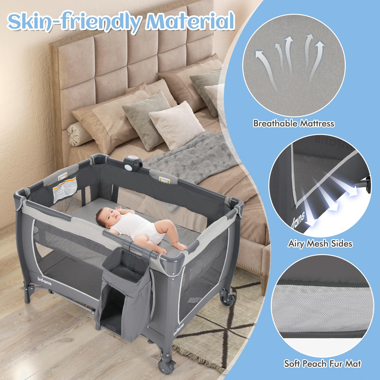 INFANS 4 in 1 Pack and Play, Portable Baby Kid Infant, Travel Playard with Bassinet, Mattress, Diaper Changer