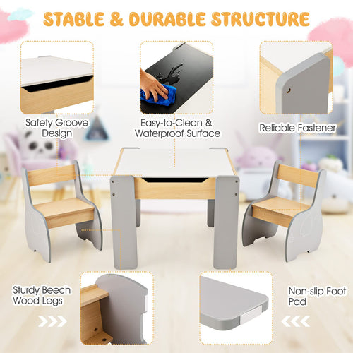 OLAKIDS 3 in 1 Kids Table and Chair Set, Wood Multi Activity Table with Removable Tabletop, Detachable Blackboard