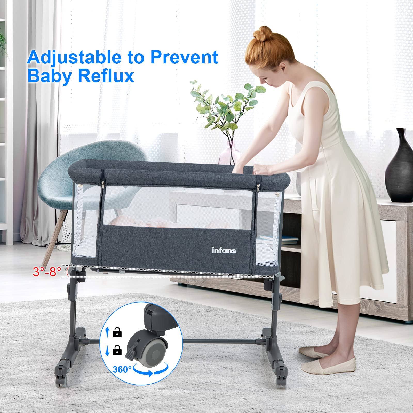 INFANS 3 in 1 Baby Bassinets, Bedside Sleeping for Newborn, Folding Crib with Mattress, Easy to Assemble Cradle