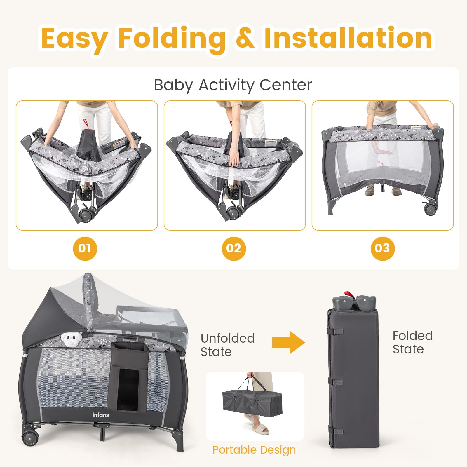INFANS 4 in 1 Pack and Play, Portable Baby Kid Infant, Travel Playard with Bassinet