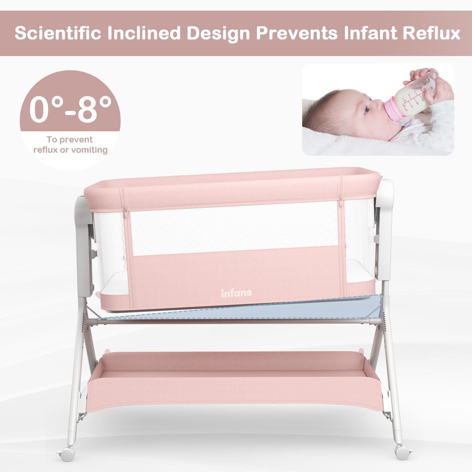 INFANS 5 in 1 Baby Bassinet, Upgraded Flat Rocking Bedside Sleeper with Wheels, Storage Basket, Travel Bag