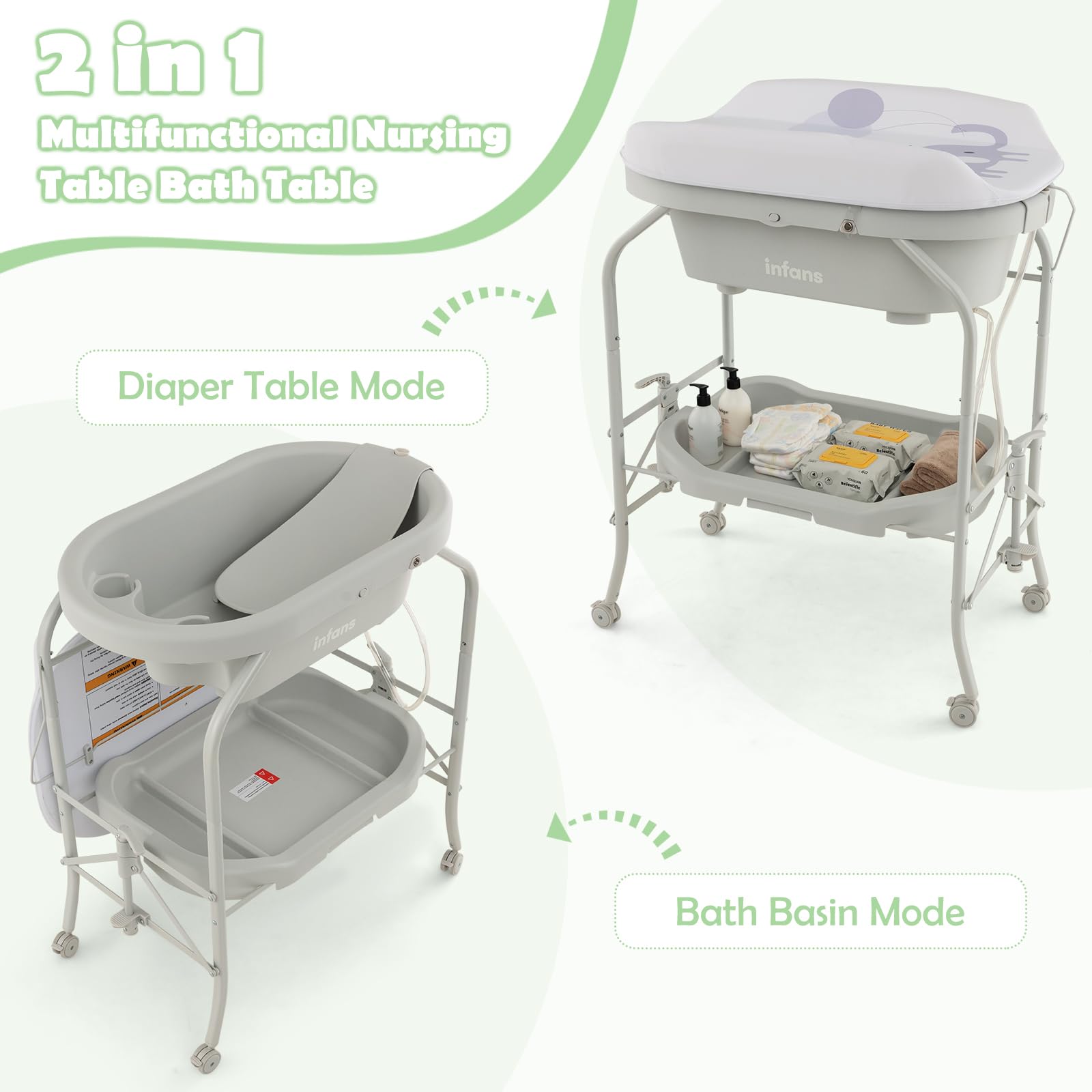 INFANS 2 in 1 Baby Changing Table with Bath Tub Unit, Folding Diaper Dresser Station with Wheels Waterproof