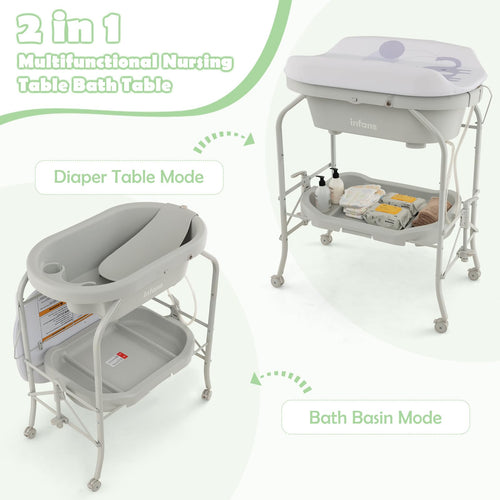 INFANS 2 in 1 Baby Changing Table with Bath Tub Unit, Folding Diaper Dresser Station with Wheels Waterproof