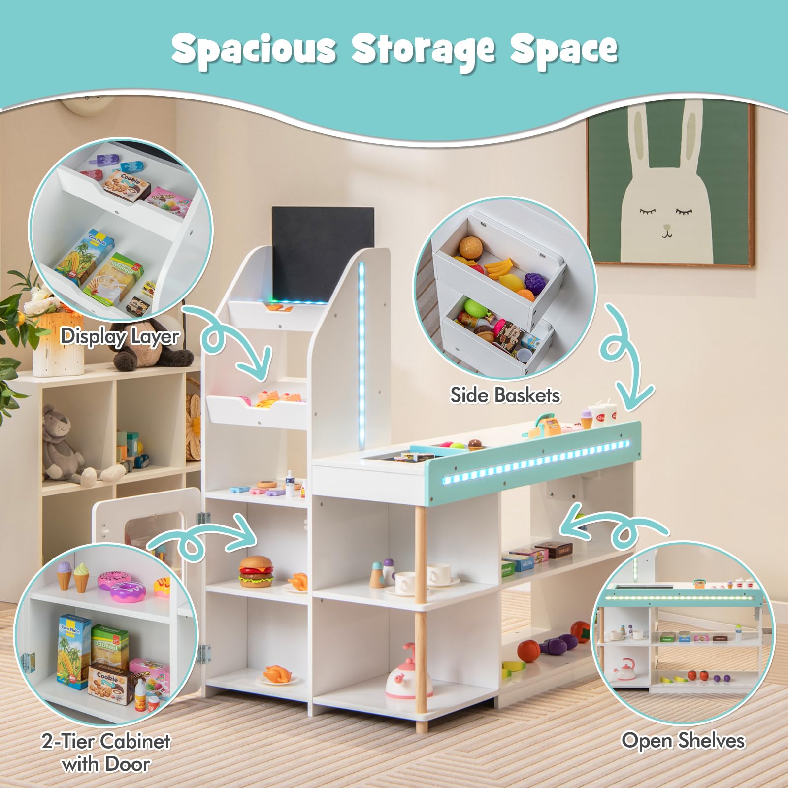 OLAKIDS Kids Grocery Store Playset, Wooden Pretend Play Supermarket with LED Lights, Market Stand Toy