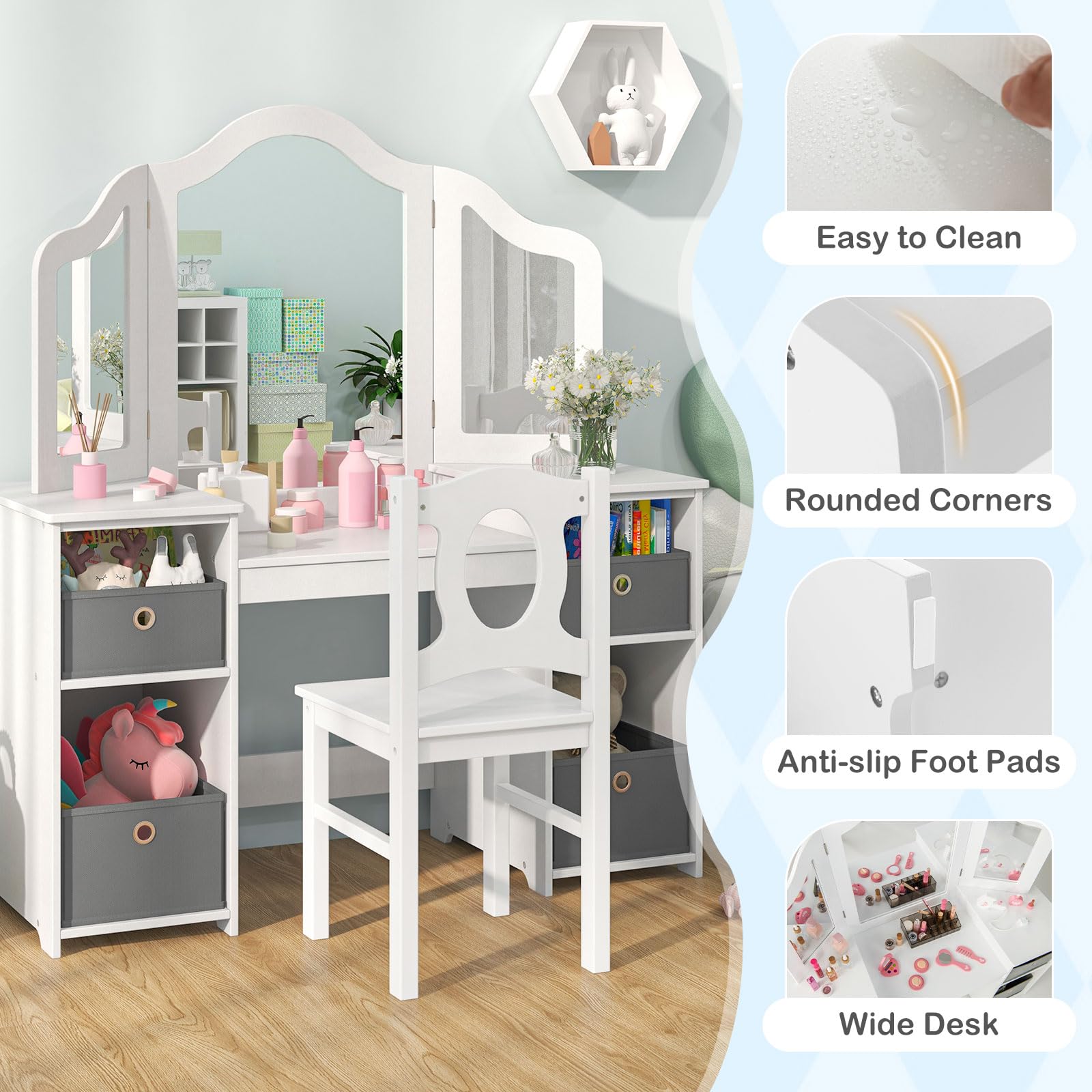 OLAKIDS Kids Vanity, 2 in 1 Princess Makeup Desk and Chair Set