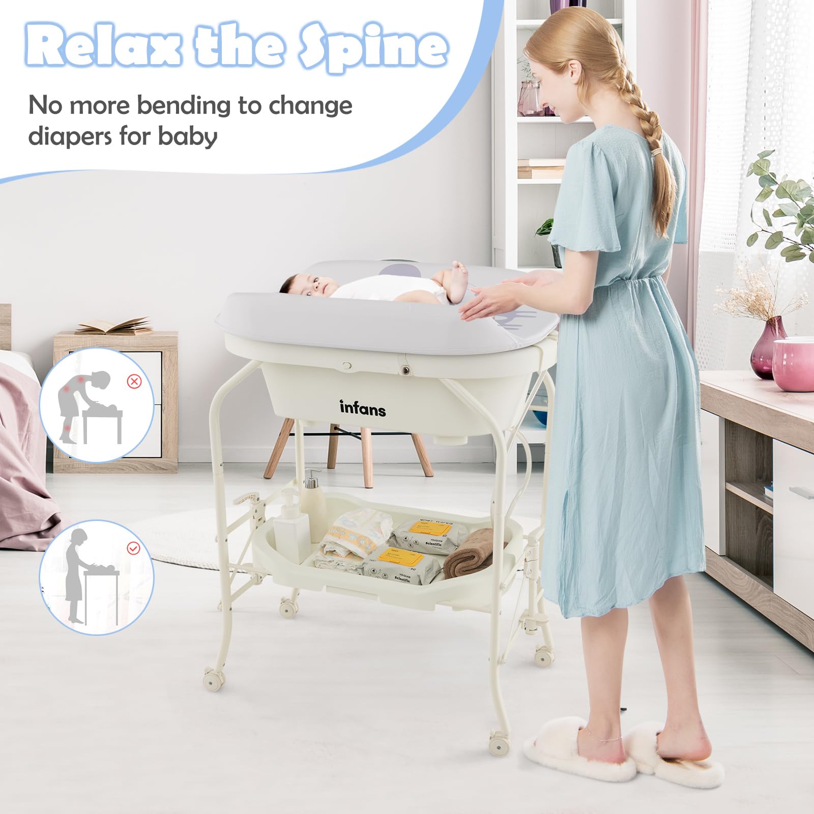 INFANS 2 in 1 Baby Changing Table with Bath Tub Unit, Folding Diaper Dresser Station with Wheels Waterproof