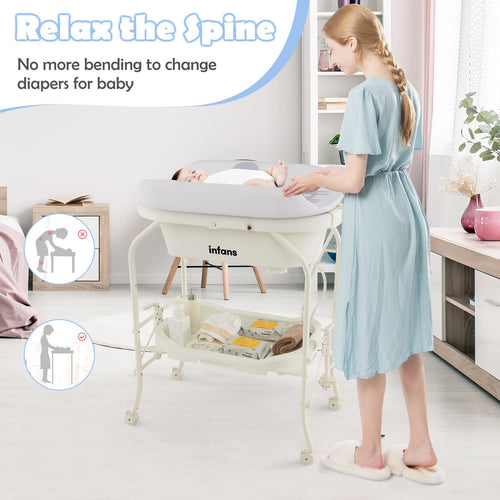 INFANS 2 in 1 Baby Changing Table with Bath Tub Unit, Folding Diaper Dresser Station with Wheels Waterproof