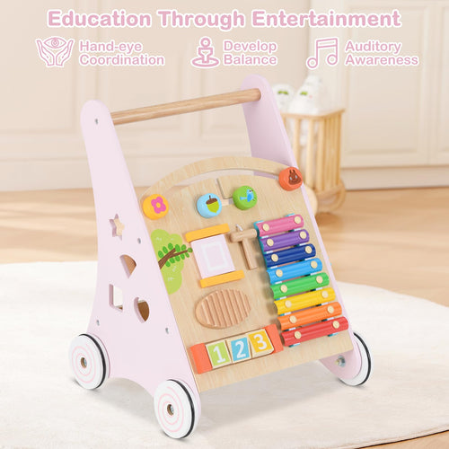 INFANS Wooden Baby Walker, Montessori Walker with Multiple Activity Toys, Push Walker Toys for Infant Learning to Walk