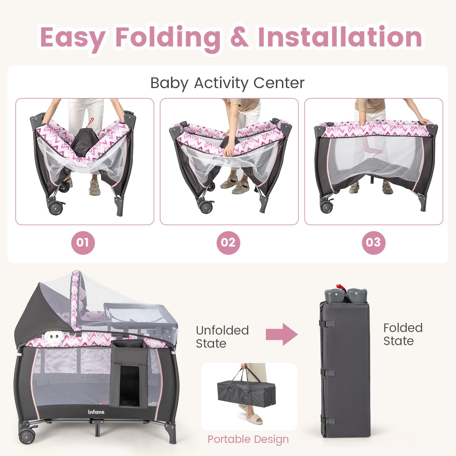 INFANS 4 in 1 Pack and Play, Portable Baby Kid Infant, Travel Playard with Bassinet