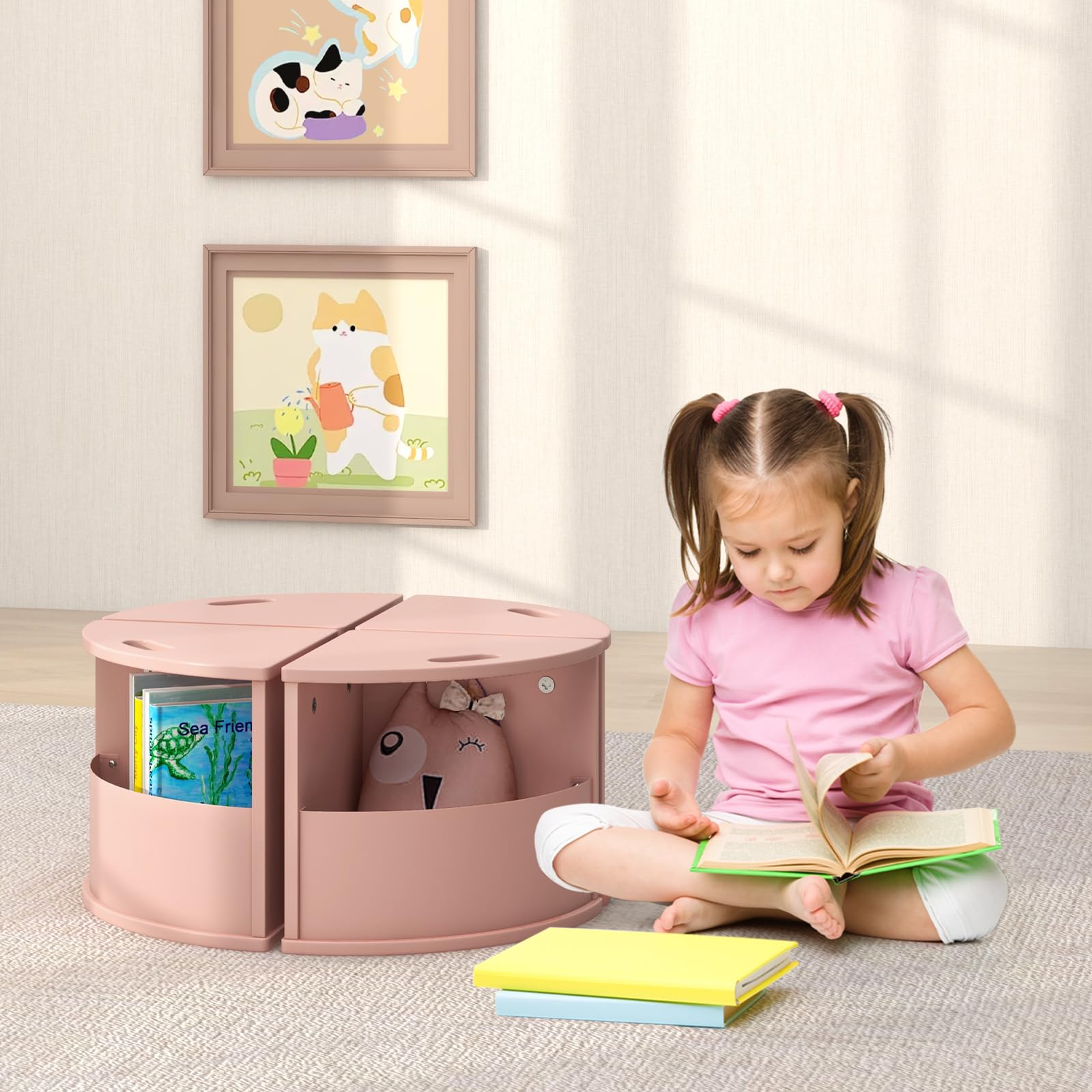 OLAKIDS Toddler Table and Chair Set with 4 Storage Stools, Wooden Flower Shaped Nesting Table with Blackboard Drawers
