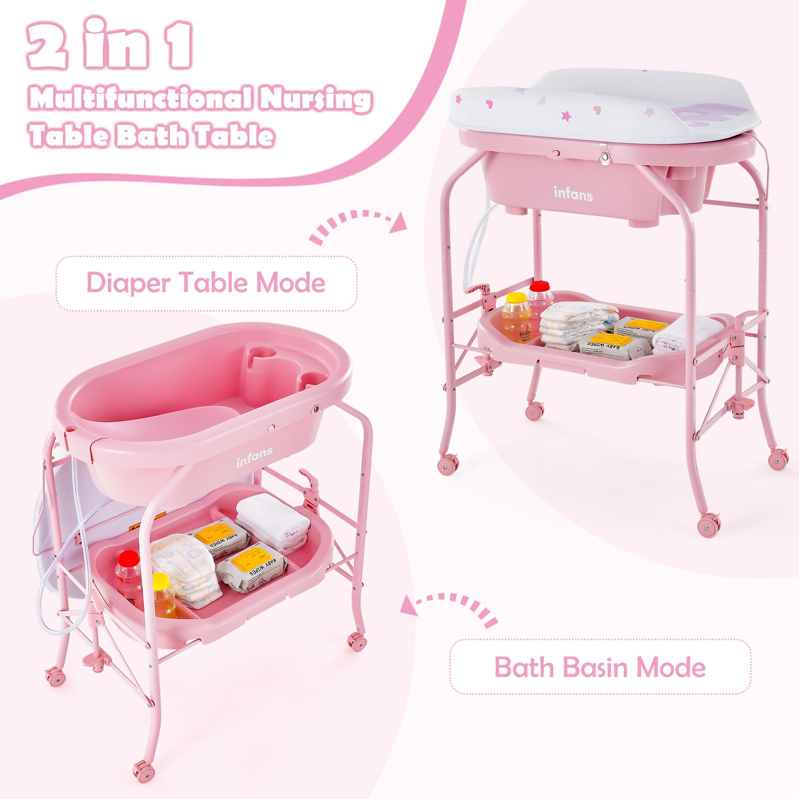 INFANS 2 in 1 Baby Changing Table with Bath Tub Unit, Folding Diaper Dresser Station with Wheels Waterproof