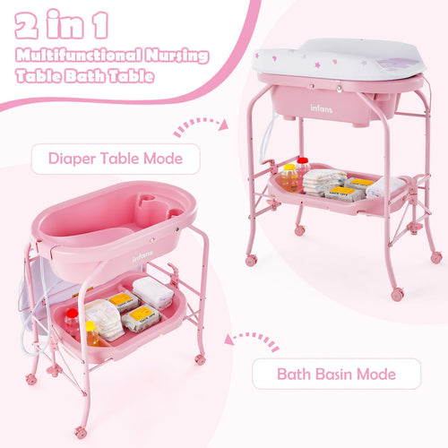 INFANS 2 in 1 Baby Changing Table with Bath Tub Unit, Folding Diaper Dresser Station with Wheels Waterproof