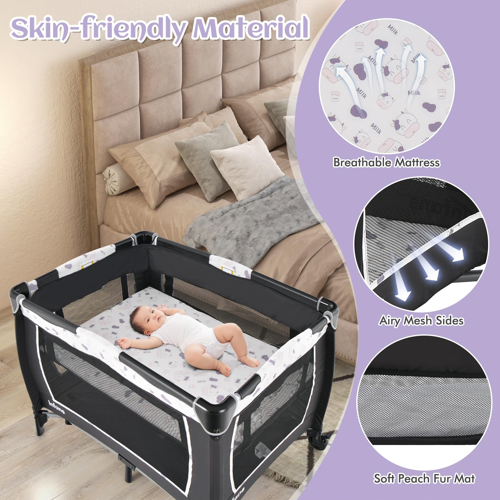 INFANS 4 in 1 Pack and Play, Portable Baby Kid Infant, Travel Playard with Bassinet, Mattress, Diaper Changer