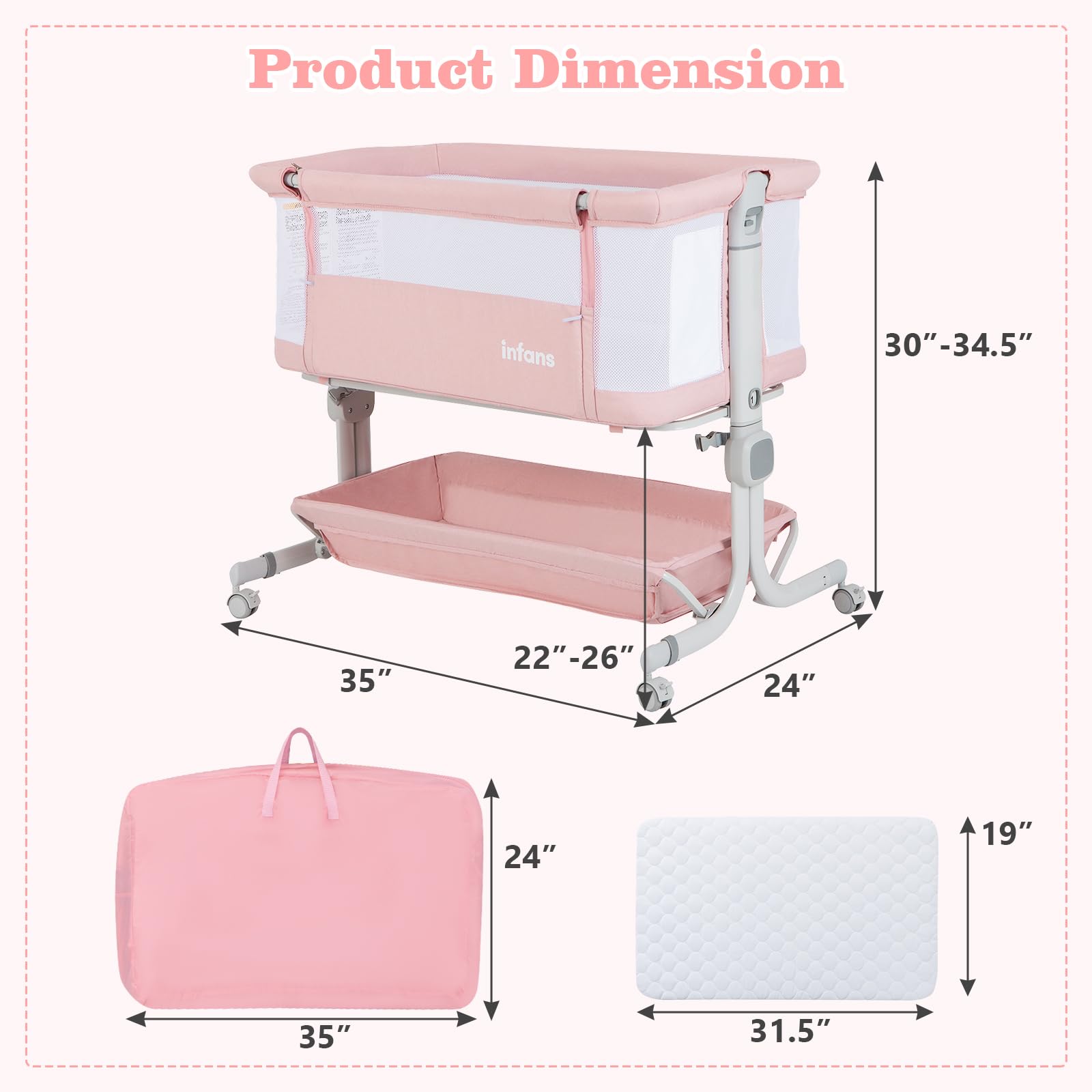 INFANS 3-in-1 Baby Bassinet, Bedside Sleeper with Comfy Mattress, Wheels, 6-Height Adjustable, Storage Basket