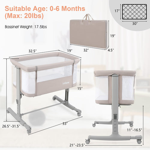 INFANS 3 in 1 Baby Bassinets, Bedside Sleeping for Newborn, Folding Crib with Mattress, Easy to Assemble Cradle