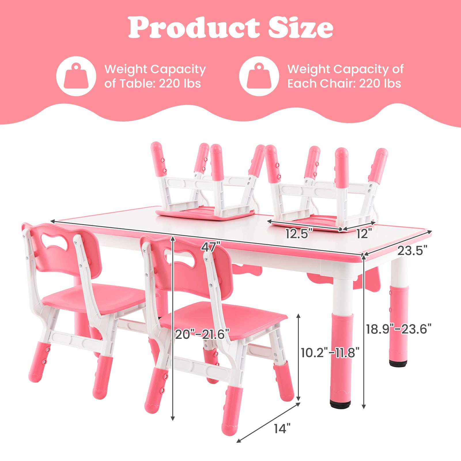 OLAKIDS Kids Table and Chiar Set, Height Adjustable Toddler Desk and 4 Chairs
