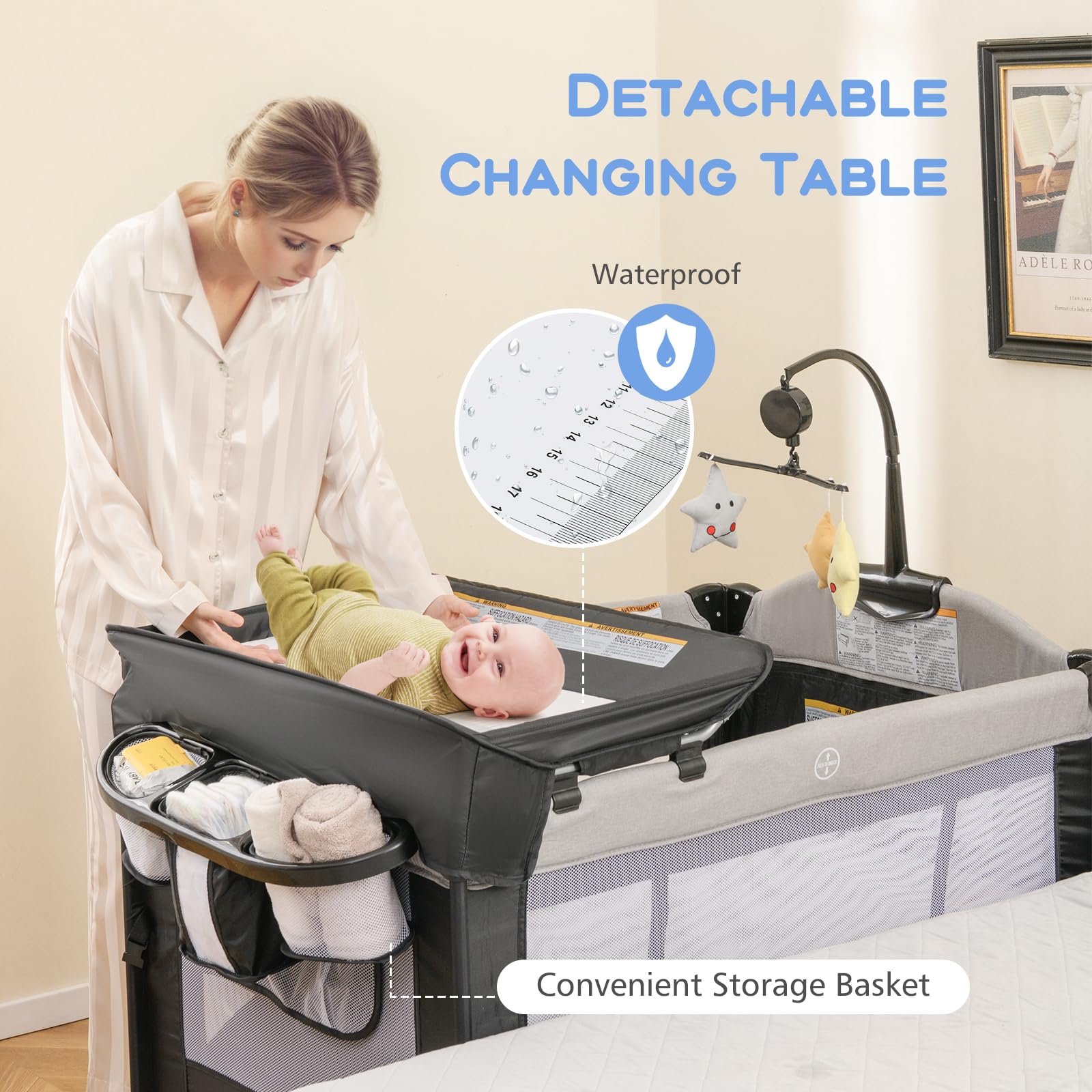 INFANS 5 in 1 Portable Playard, Larger Size Baby Bassinet Bedside Sleeper, Diaper Changer, Foldable Bedside Crib