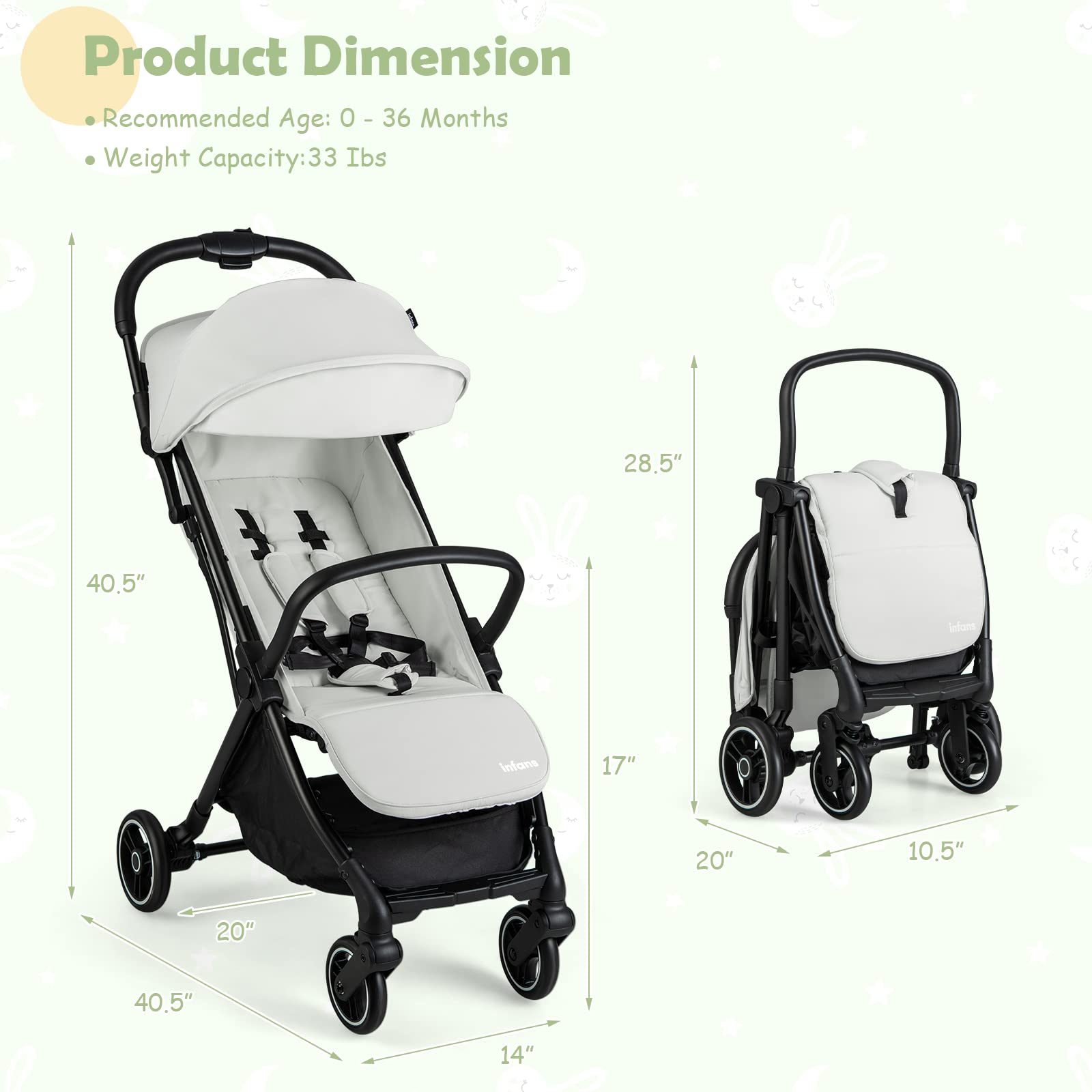 INFANS Lightweight Baby Stroller, One-Hand Gravity Fold, Compact Travel Stroller for Airplane