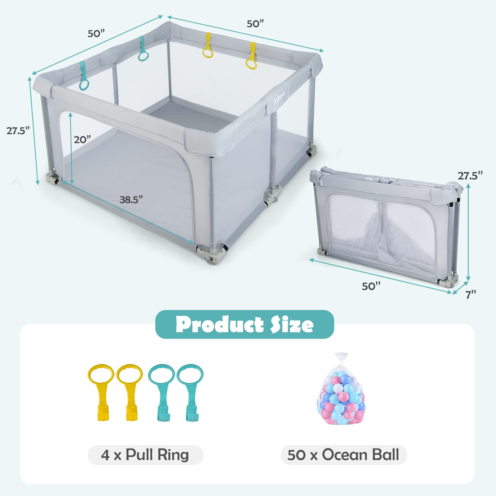 INFANS Baby Playpen, 50’’x50’’ Foldable Large Baby Playard, Indoor Outdoor Kids Activity Center Baby Fence