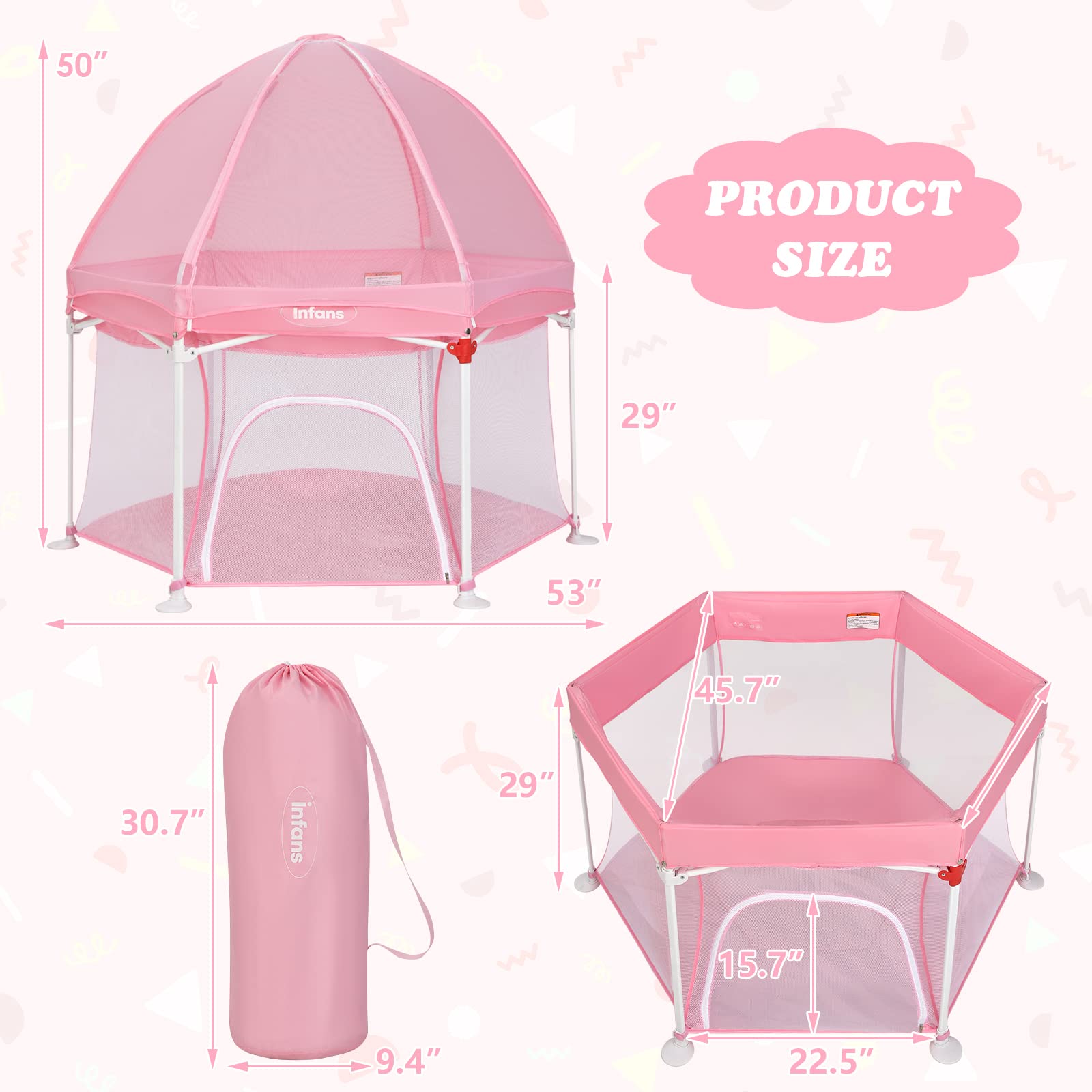 INFANS Baby Playpen with Removable Mesh & UV Canopy, 53" Portable Playhouse with Carry Bag, Easy Folding Playard Activity Center