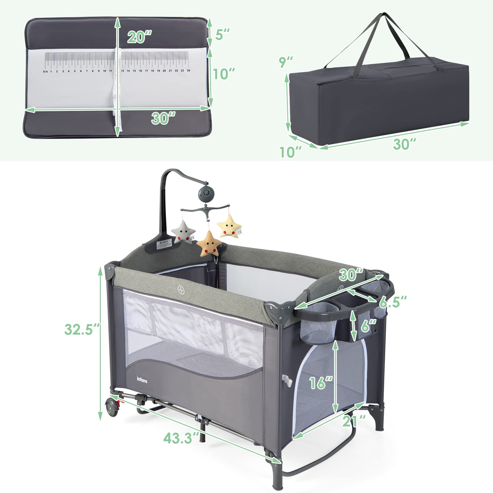 INFANS 5 in 1 Portable Playard, Larger Size Baby Bassinet Bedside Sleeper, Diaper Changer, Foldable Bedside Crib