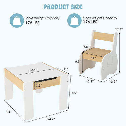 OLAKIDS 3 in 1 Kids Table and Chair Set, Wood Multi Activity Table with Removable Tabletop, Detachable Blackboard