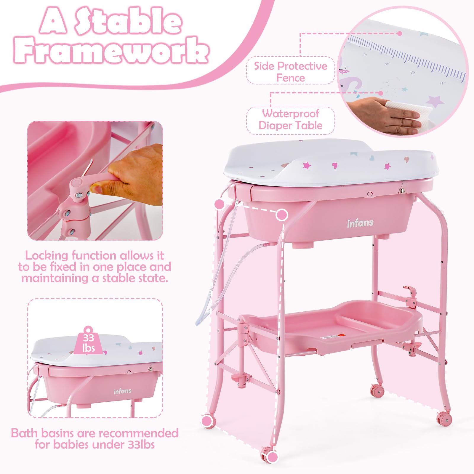 INFANS 2 in 1 Baby Changing Table with Bath Tub Unit, Folding Diaper Dresser Station with Wheels Waterproof