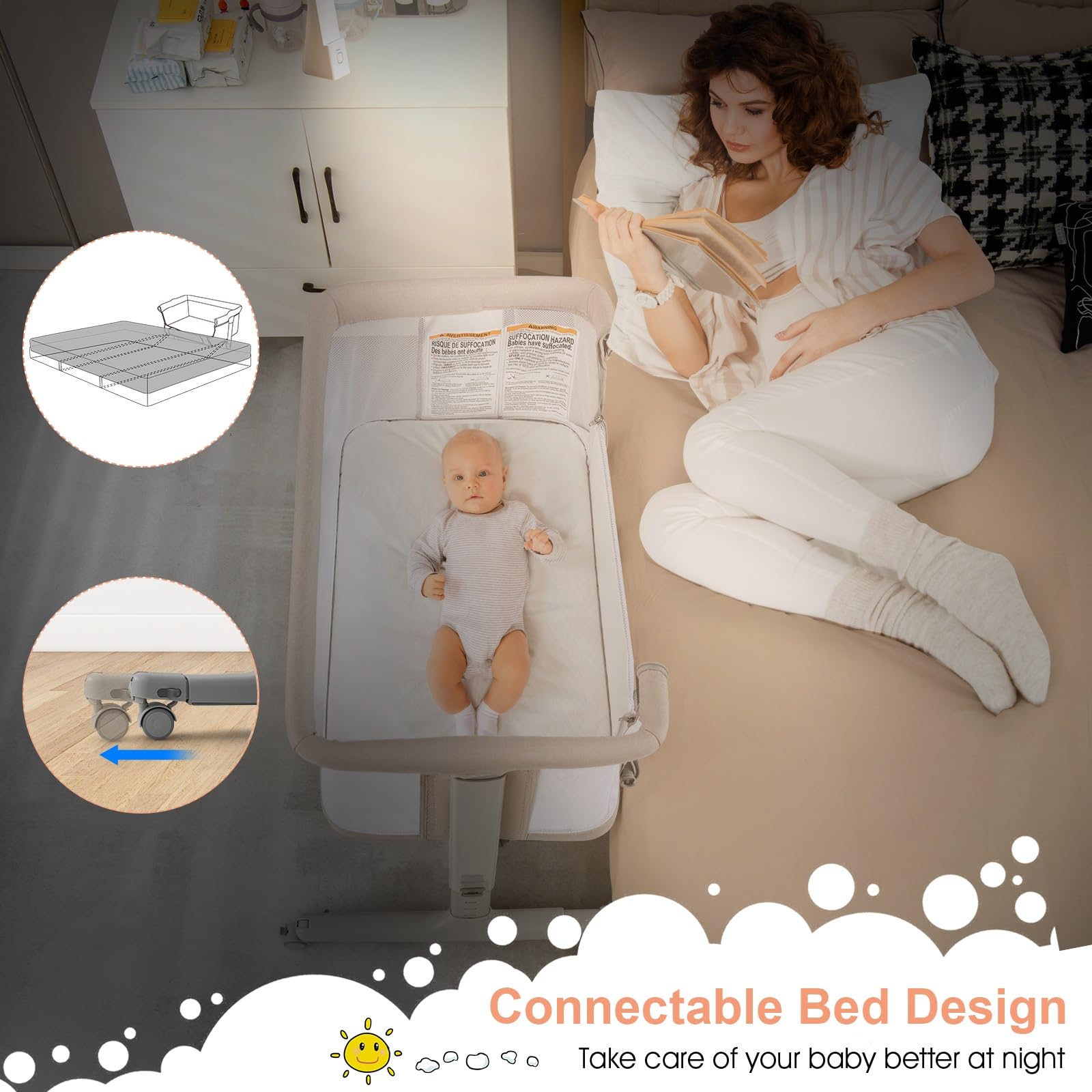 INFANS 3 in 1 Baby Bassinets, Bedside Sleeping for Newborn, Folding Crib with Mattress, Easy to Assemble Cradle