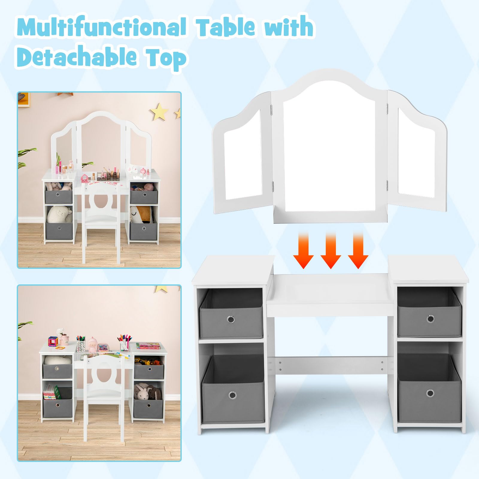 OLAKIDS Kids Vanity, 2 in 1 Princess Makeup Desk and Chair Set