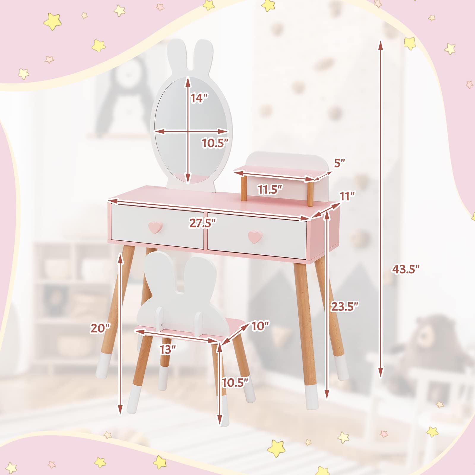 OLAKIDS Kids Vanity Set, 2 in 1 Wooden Princess Makeup Table and Chair with Mirror OLAKIDS