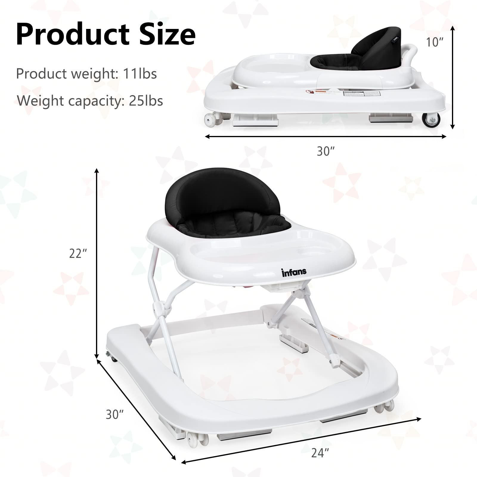 INFANS Foldable Baby Walker, 3 in 1 Toddler Walker Learning-Seated Walk-Behind for Boys and Girls