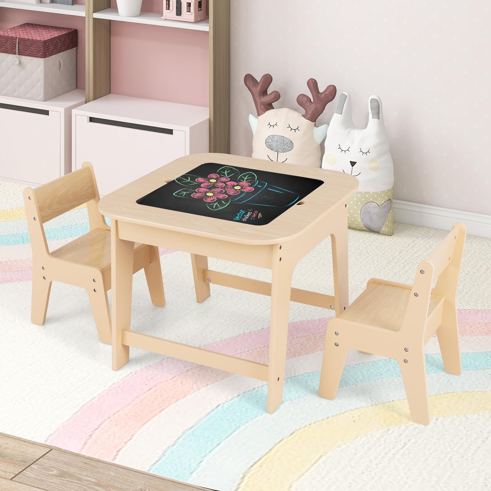 OLAKIDS Kids Table and Chair Set, 3 in 1 Wooden Activity Table with Removable Tabletop, Blackboard and Whiteboard