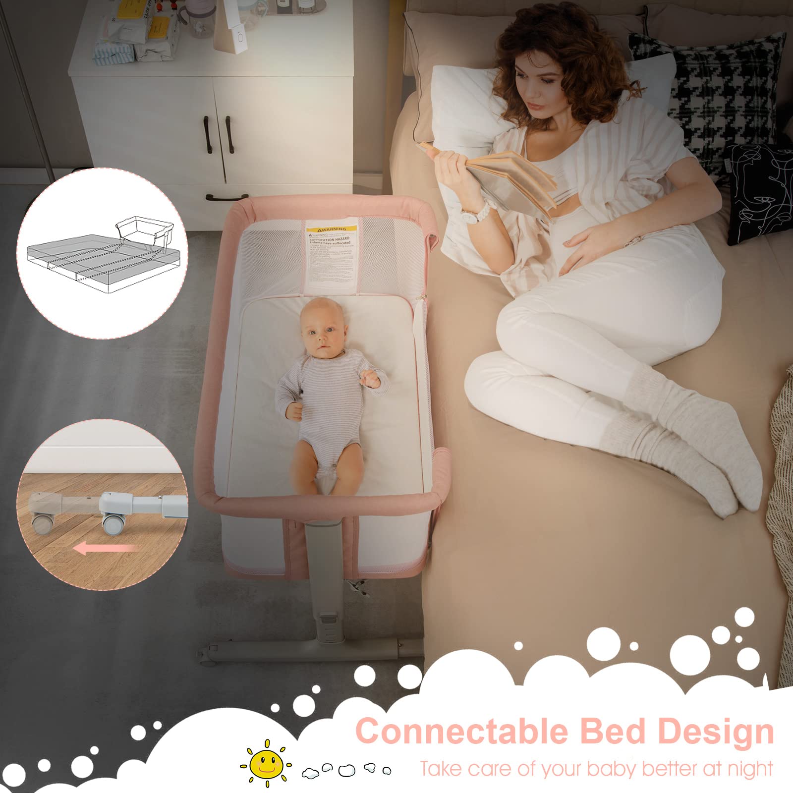 INFANS 3 in 1 Baby Bassinets, Bedside Sleeping for Newborn, Folding Crib with Mattress, Easy to Assemble Cradle
