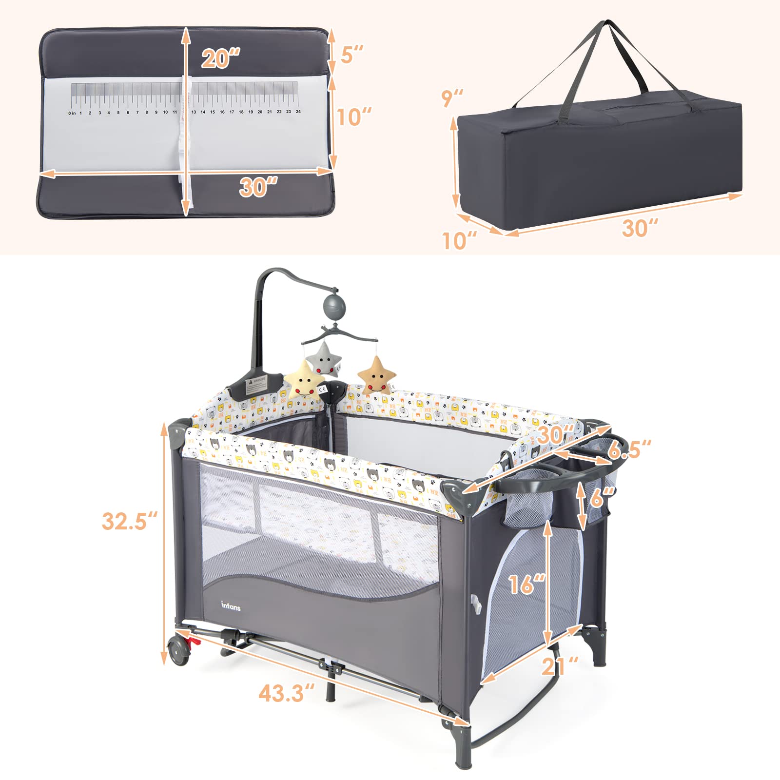 INFANS 5 in 1 Portable Playard, Larger Size Baby Bassinet Bedside Sleeper, Diaper Changer, Foldable Bedside Crib