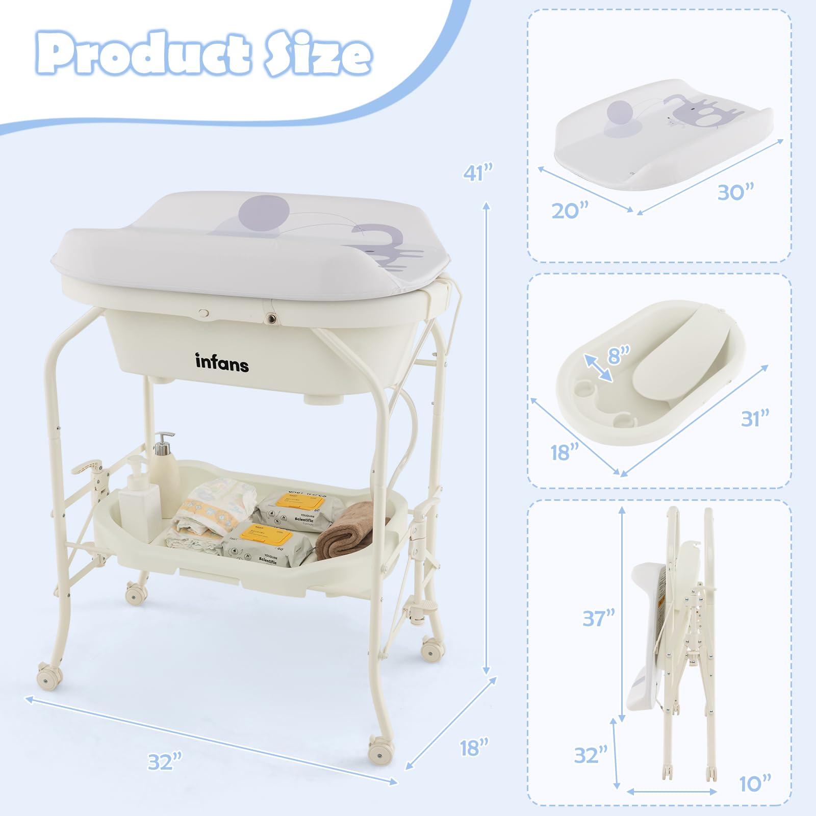 INFANS 2 in 1 Baby Changing Table with Bath Tub Unit, Folding Diaper Dresser Station with Wheels Waterproof