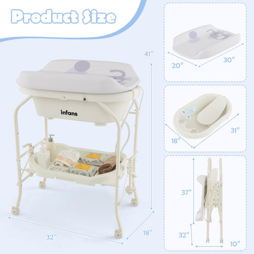 INFANS 2 in 1 Baby Changing Table with Bath Tub Unit, Folding Diaper Dresser Station with Wheels Waterproof