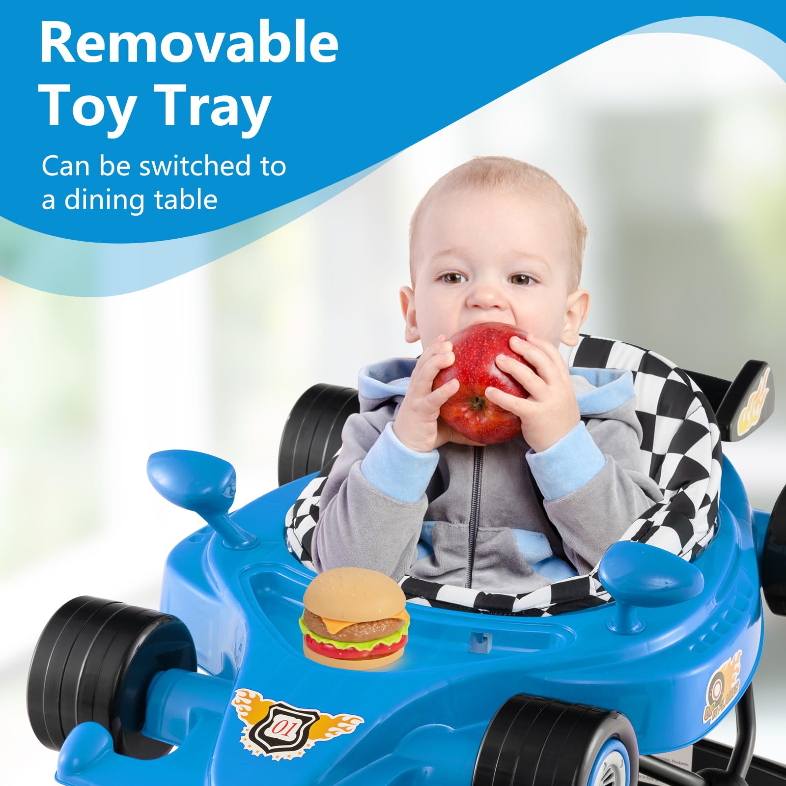 INFANS Foldable Baby Walker, Toddler Activity Center Leaning-Seated Walk-Behind with Steering Wheel, Adjustable Height