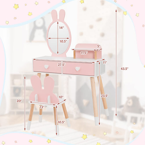 OLAKIDS Kids Vanity Set, 2 in 1 Wooden Princess Makeup Table and Chair with Mirror OLAKIDS